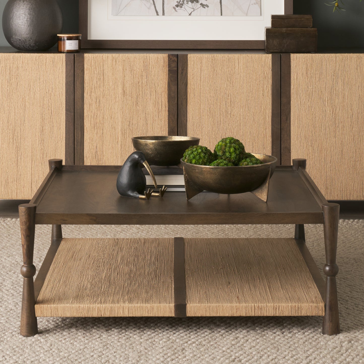 Bondi 42" Dark Brown Wood w/Paper Rope Shelf Square Coffee Table