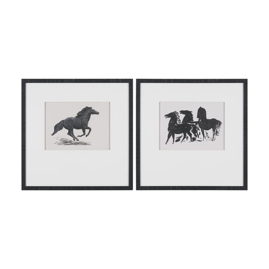 Zwarte Paarden Set of 2 by Leo Gestel Hand Embellished Framed Artwork Matted under Glass