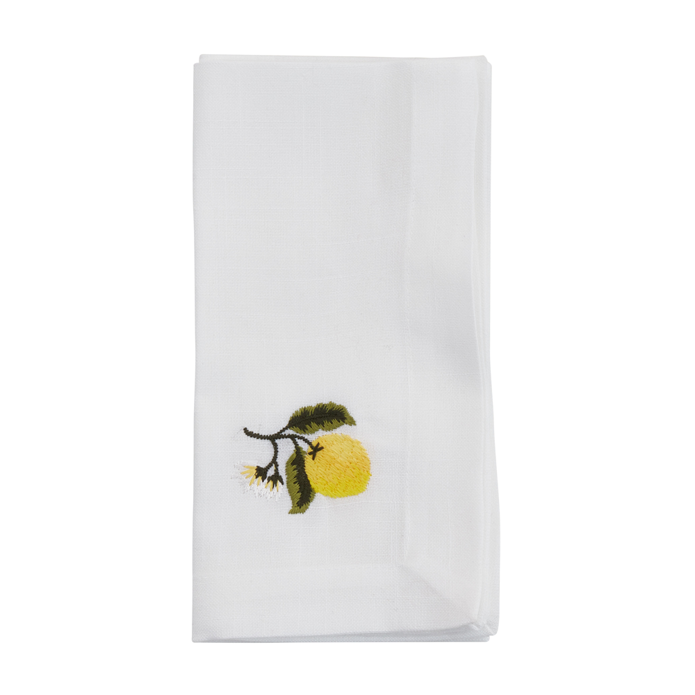 Embroidered Lemon Napkin - White, 20-inch