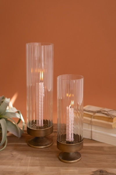 Set of 2 Antique Metal & Glass Taper Candle Hurricanes