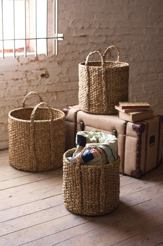 Set of 3 Round Braided Seagrass Storage Basket with Handles