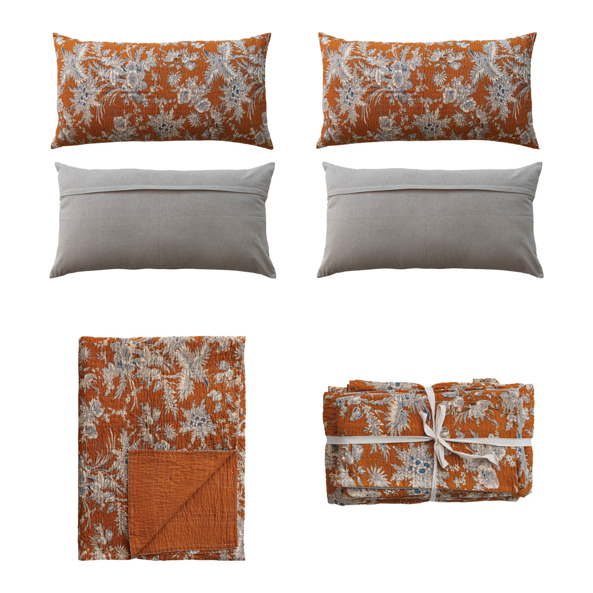 Bed Cover with Embroidered Kantha Stitch & 2 King Shams, King, Set of 3 Tied with Cotton Tape