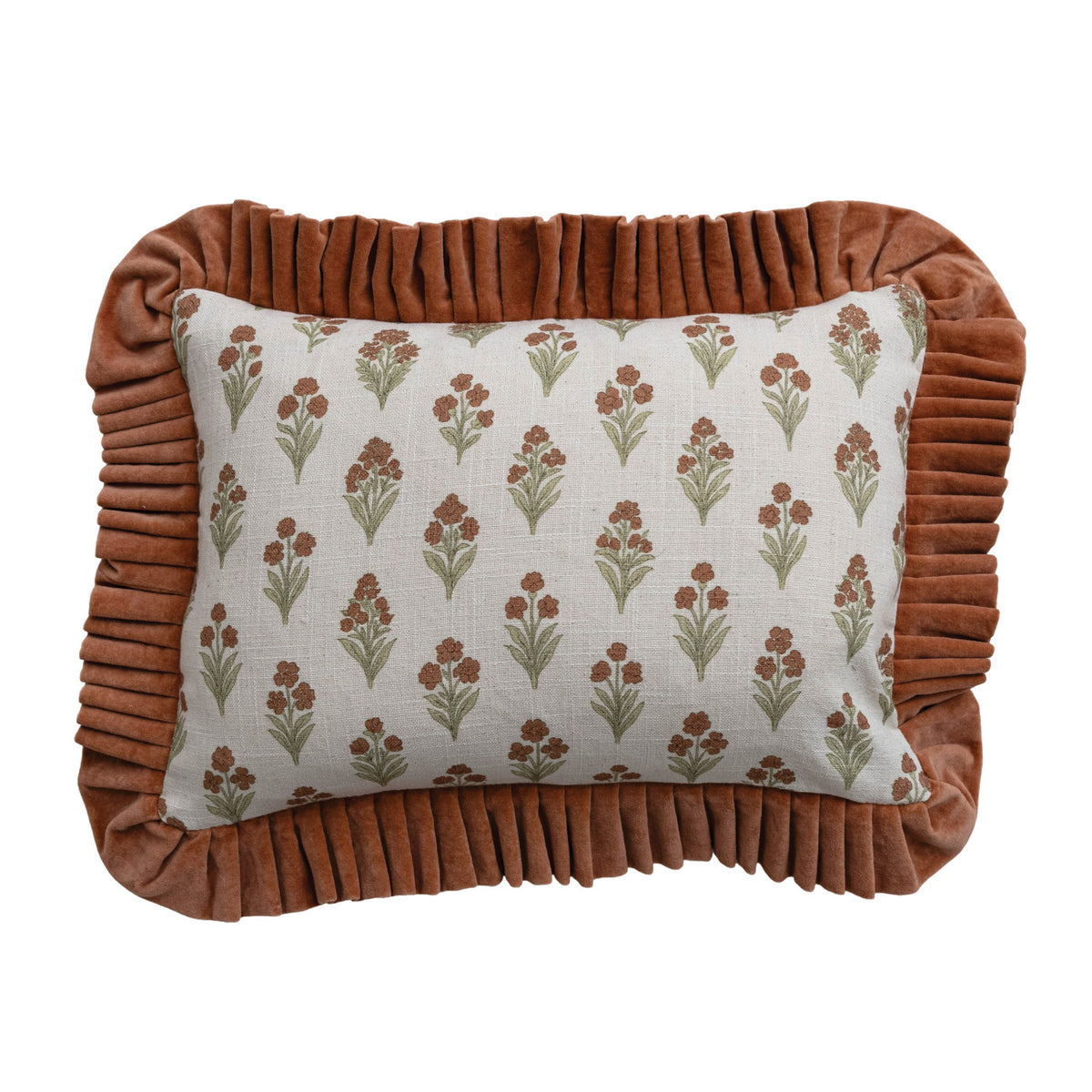 Cotton Slub Printed Lumbar Pillow with Velvet Ruffle