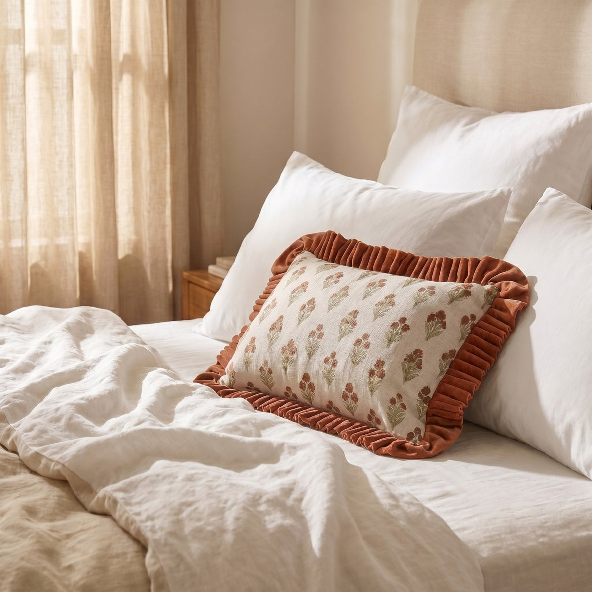 Cotton Slub Printed Lumbar Pillow with Velvet Ruffle
