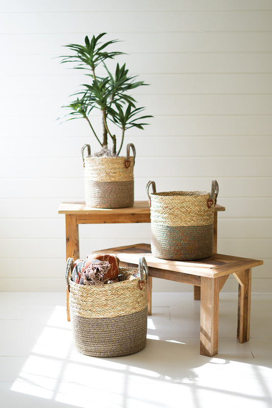 Set of 3 Woven Round Seagrass Baskets with Brown Base and Handles