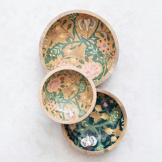 Set of 3 Decorative Enameled Mango Wood Bowls with Floral Design
