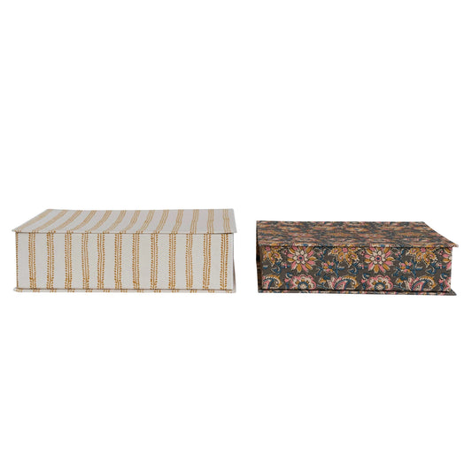 Fabric Covered Boxes w/ Striped/Floral Patterns, Multi Color, Set of 2